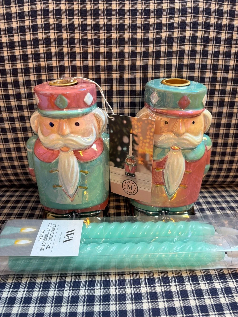 Martha Stewart Pastel Nutcracker Ceramic Candle Holders – Mint & Pink